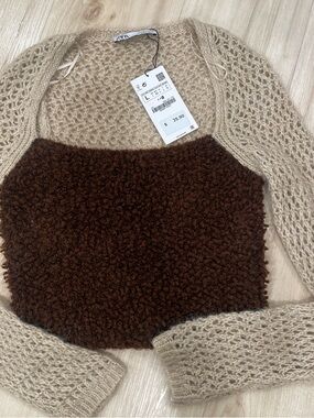 Zara Cream and Dark Brown Textured Knit Sweater